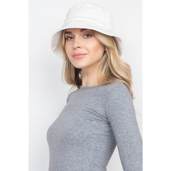 White Corduroy Cotton Bucket Hat - Picture 2 of 12